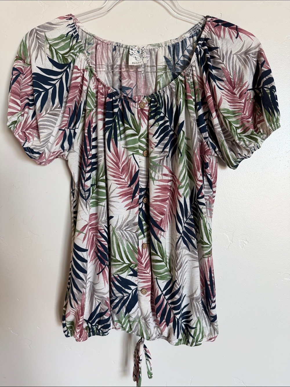 NAIF Tropical Leaf Blouse Button-Front Gathered Top